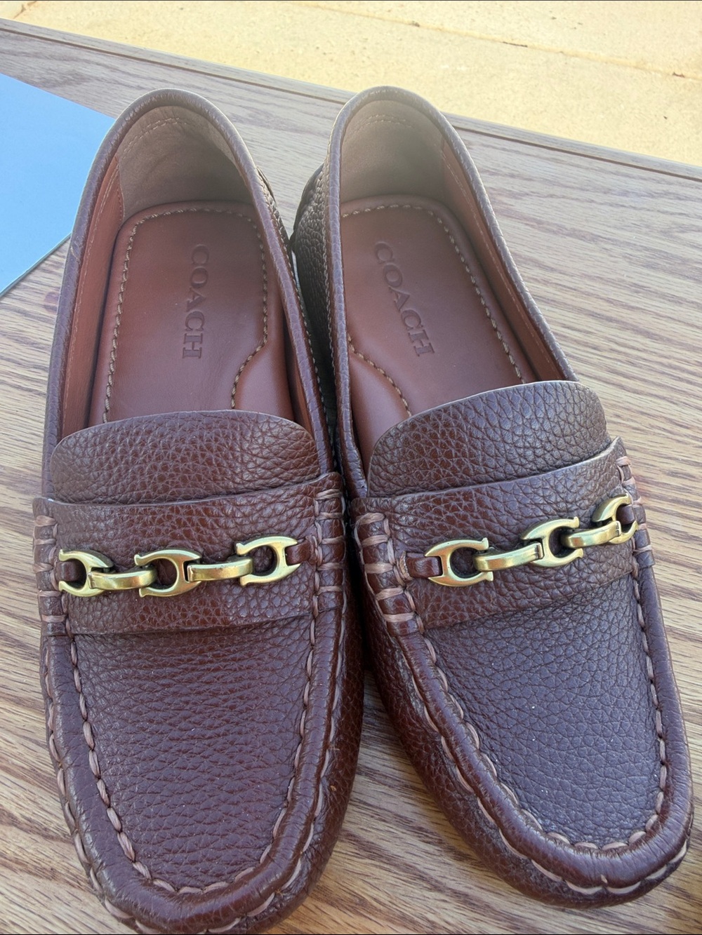 Coach Brown Pebbled Leather Bit Loafers with Gold Hardware